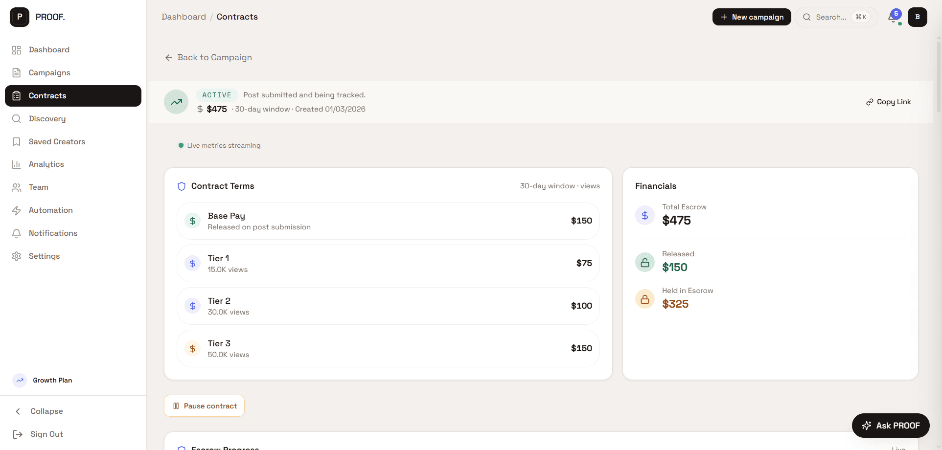 PROOF contract tracking with tier escrow
